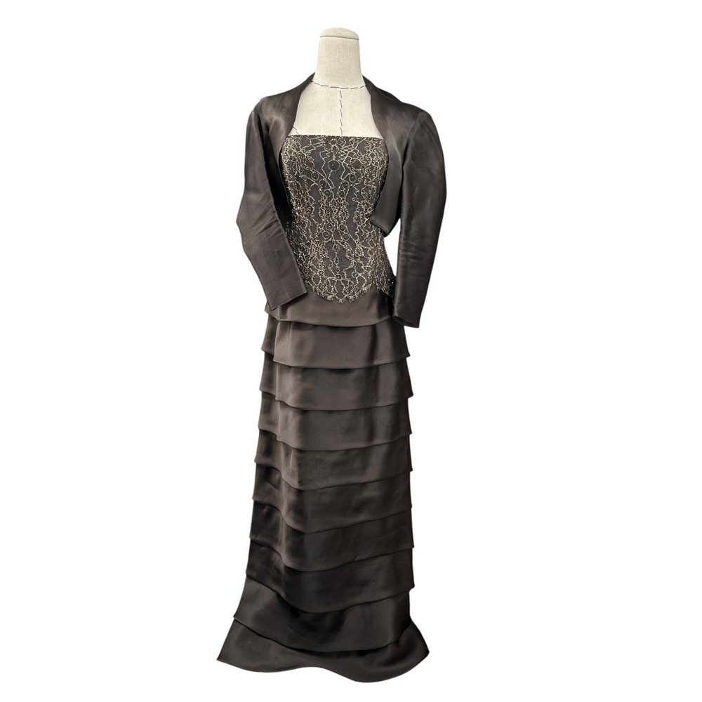 Rickie Freeman Teri Jon Evening Gown Jacket Set 4 100% Silk Brown